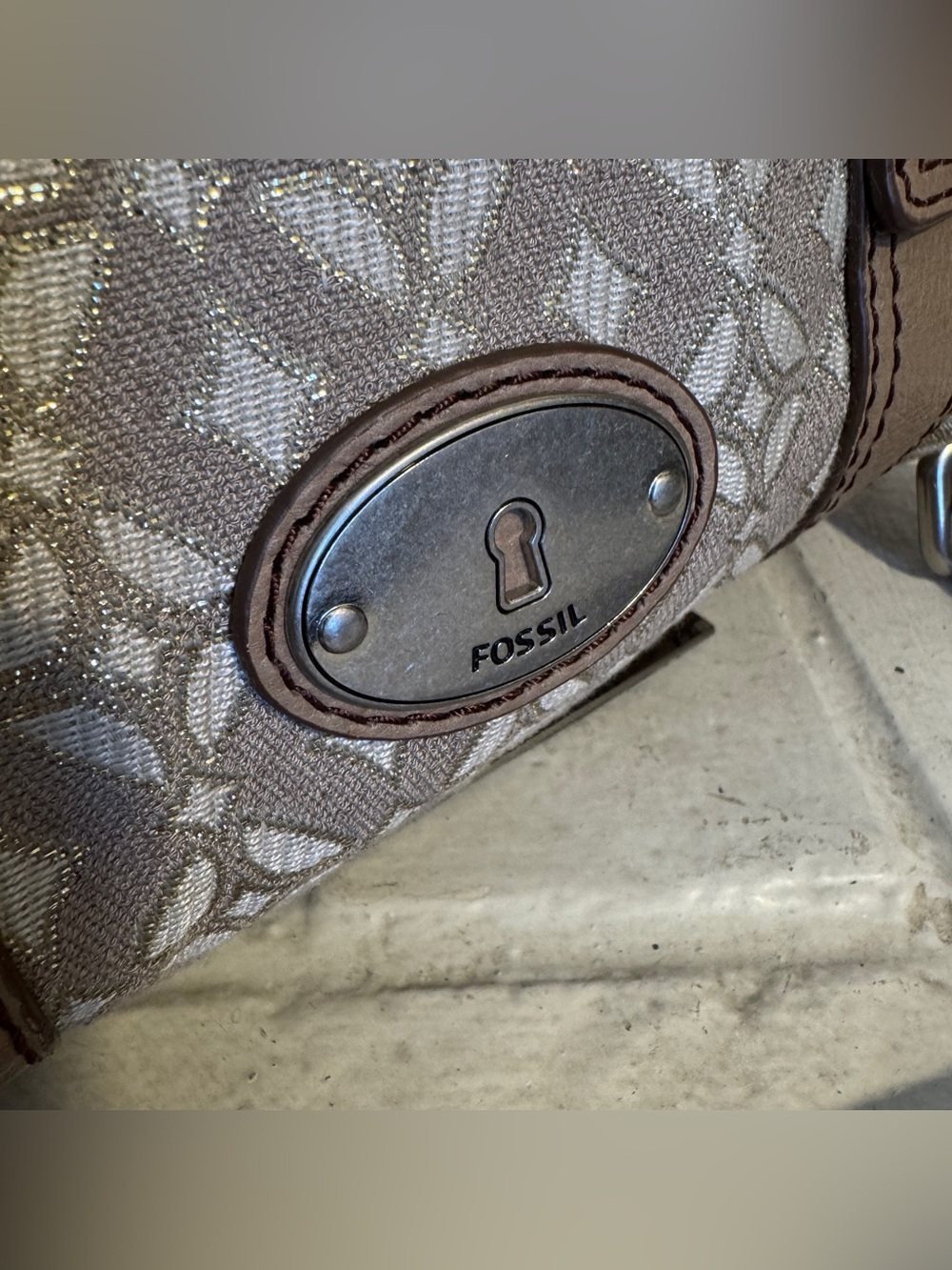 Fossil Vintage Jacquard Canvas Satchel Crossbody Bag w Leather Trim & Key Charm - Picture 2 of 14